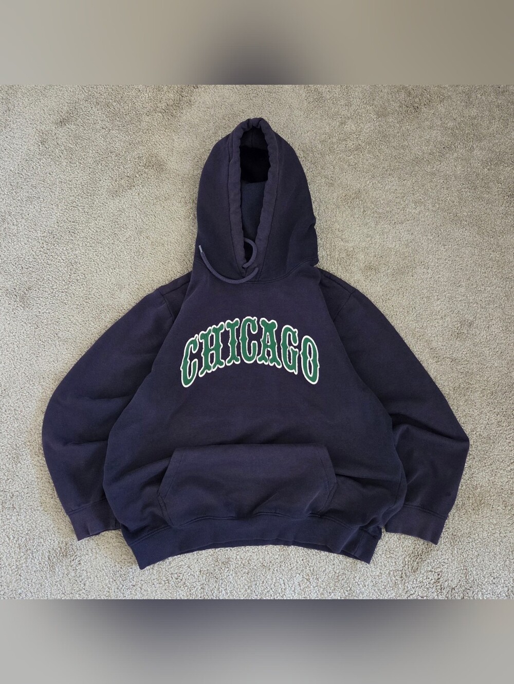 Y2K H&M Navy Hoodie with Green & White Graphic Men's L